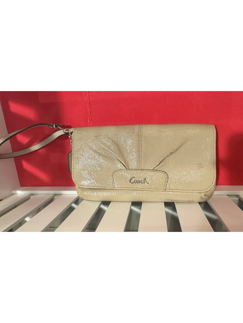 Coach Beige Wristlet Wallet Logo Strap Credit Card Folding Women's